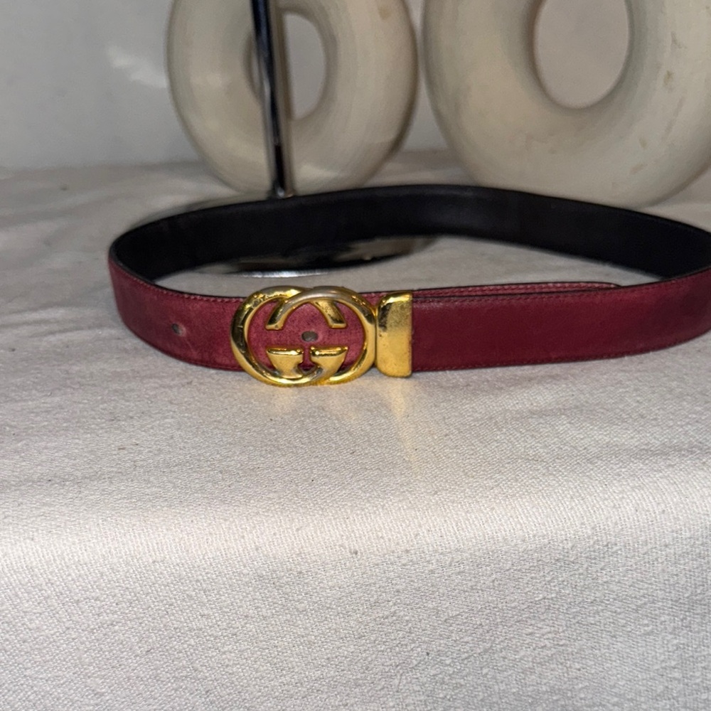 Authentic Gucci Burgundy Leather Belt with Gold Buckle